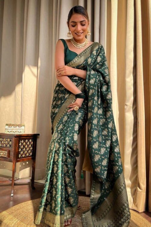 Green Banarasi Jacquard Lichi Silk Saree with Rich Silver Zari Work