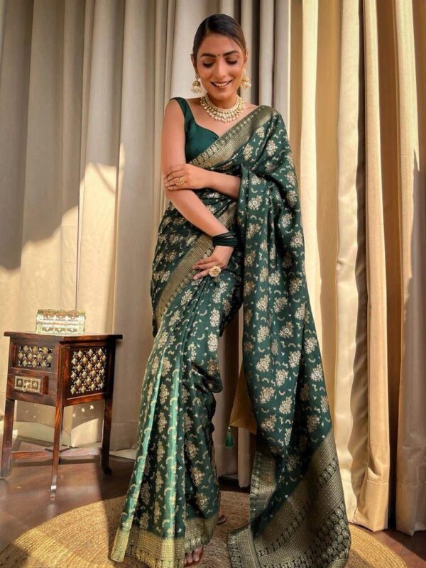 Green Banarasi Jacquard Lichi Silk Saree with Rich Silver Zari Work