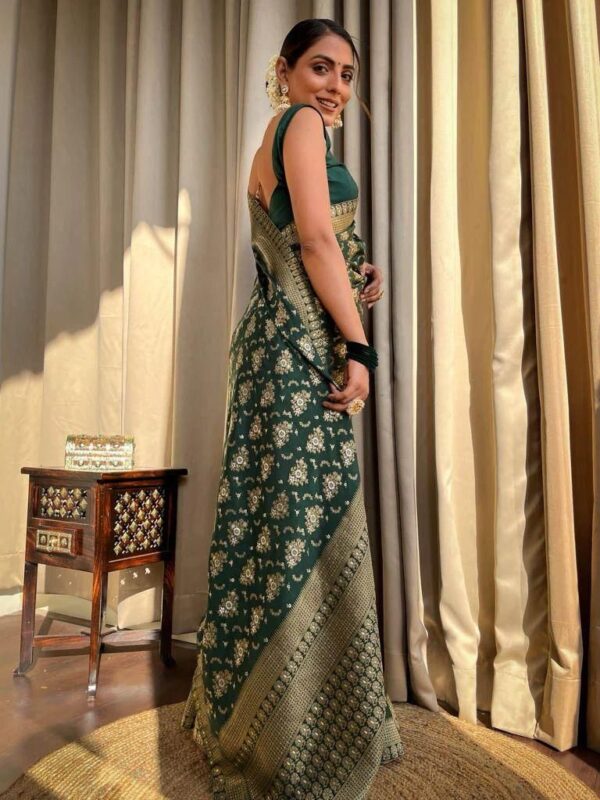 Green Banarasi Jacquard Lichi Silk Saree with Rich Silver Zari Work - Image 5