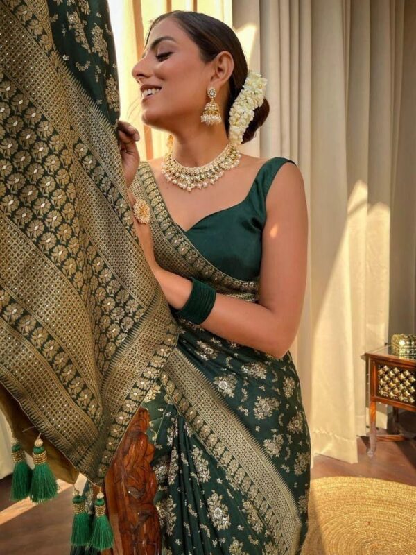 Green Banarasi Jacquard Lichi Silk Saree with Rich Silver Zari Work - Image 6