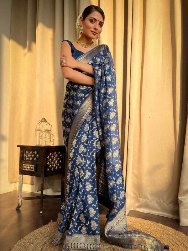 Royal Blue Banarasi Jacquard Lichi Silk Saree with Rich Silver Zari Work - Image 5