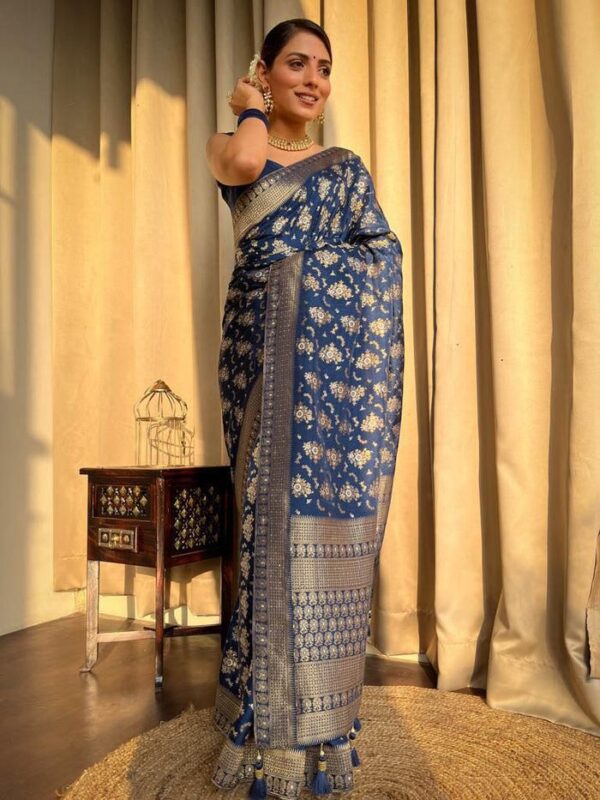 Royal Blue Banarasi Jacquard Lichi Silk Saree with Rich Silver Zari Work - Image 4