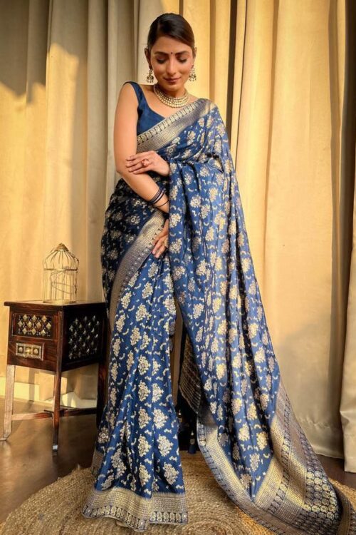 Royal Blue Banarasi Jacquard Lichi Silk Saree with Rich Silver Zari Work