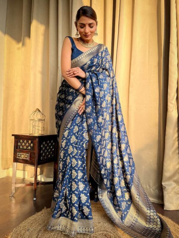 Royal Blue Banarasi Jacquard Lichi Silk Saree with Rich Silver Zari Work