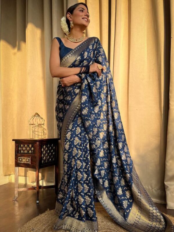 Royal Blue Banarasi Jacquard Lichi Silk Saree with Rich Silver Zari Work - Image 7