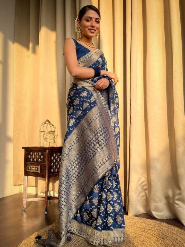 Royal Blue Banarasi Jacquard Lichi Silk Saree with Rich Silver Zari Work - Image 6