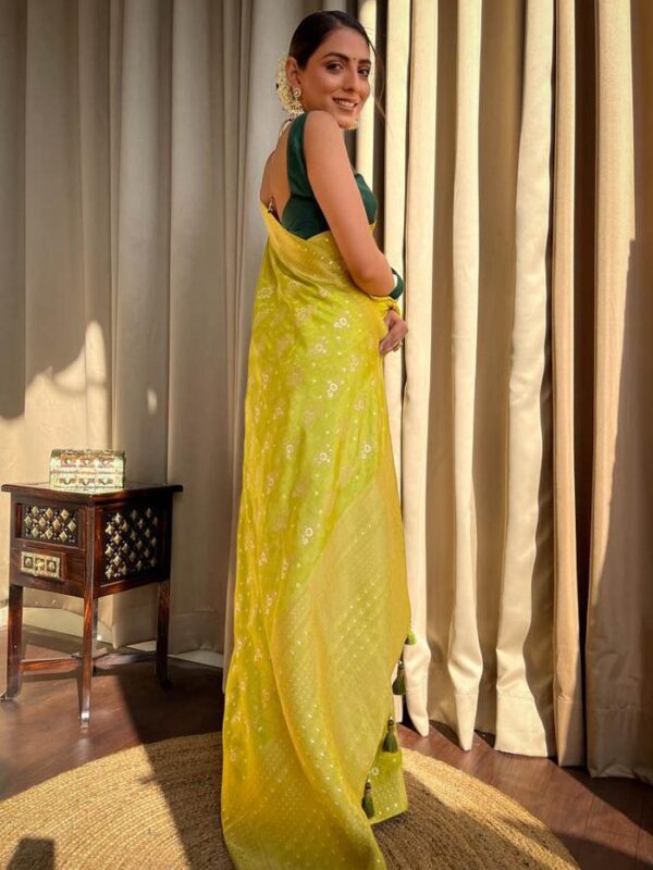 Lime Green Banarasi Jacquard Lichi Silk Saree with Rich Silver Zari Work - Image 3
