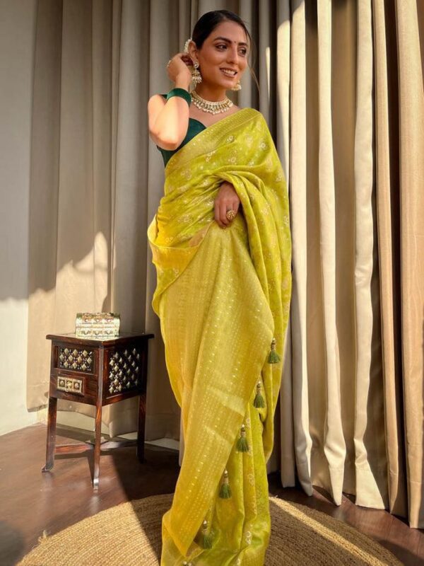 Lime Green Banarasi Jacquard Lichi Silk Saree with Rich Silver Zari Work - Image 7