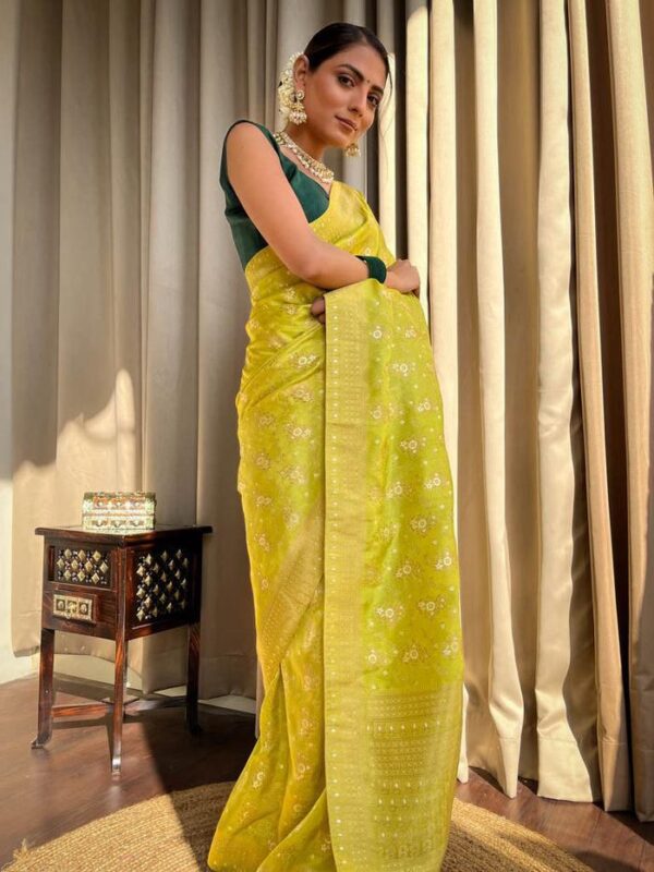 Lime Green Banarasi Jacquard Lichi Silk Saree with Rich Silver Zari Work - Image 5