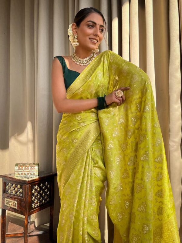 Lime Green Banarasi Jacquard Lichi Silk Saree with Rich Silver Zari Work - Image 4