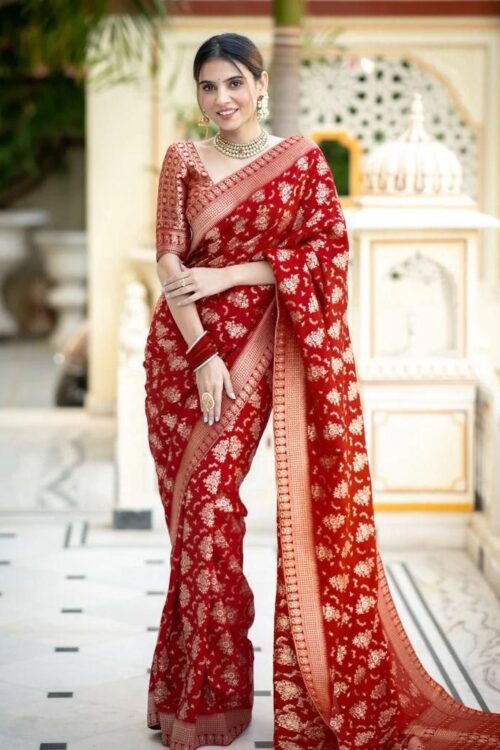 Deep Red Banarasi Jacquard Lichi Silk Saree with Rich Silver Zari Work