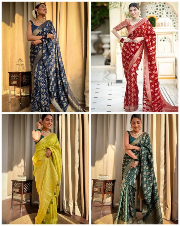 Lime Green Banarasi Jacquard Lichi Silk Saree with Rich Silver Zari Work - Image 9