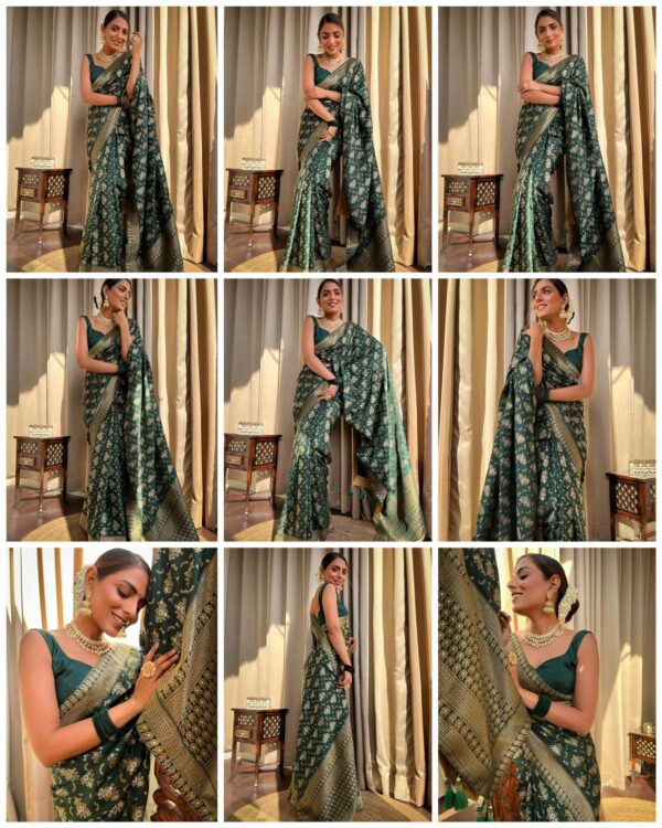 Green Banarasi Jacquard Lichi Silk Saree with Rich Silver Zari Work - Image 9