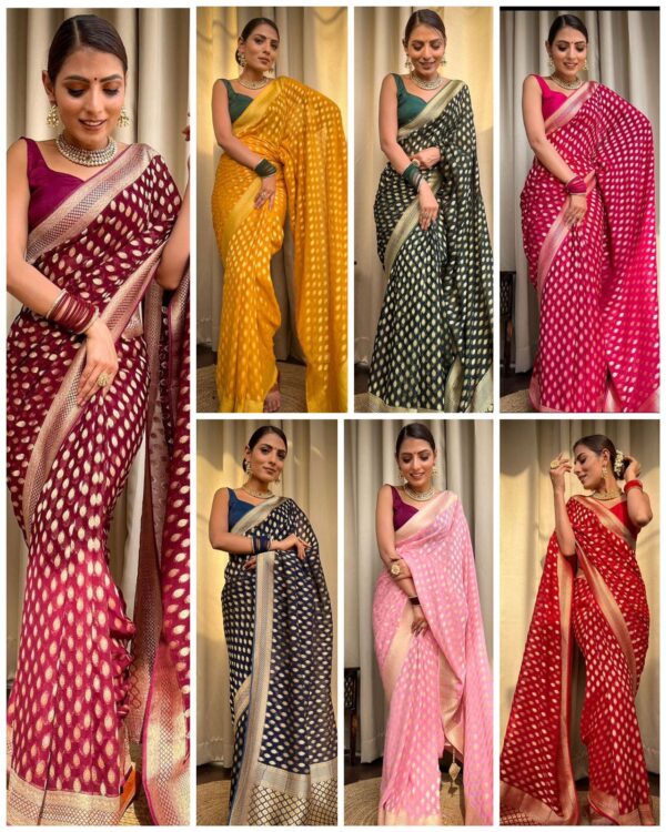Red Banarasi Jacquard Lichi Silk Zari weaving Saree - Image 7