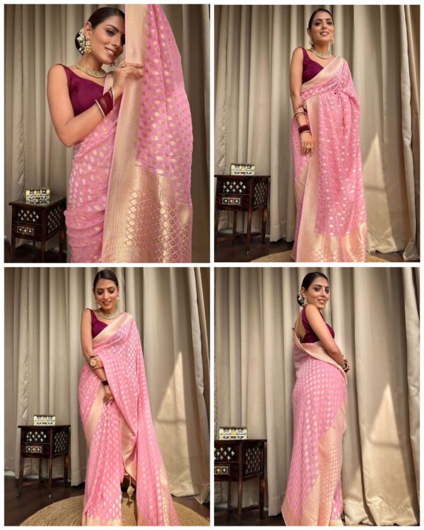 Elegant Baby Pink Banarasi Jacquard Lichi Silk Saree - Image 6