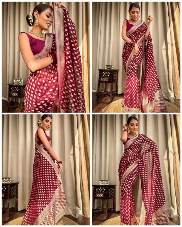 Maroon Banarasi Jacquard Lichi Silk Zari weaving Saree - Image 6