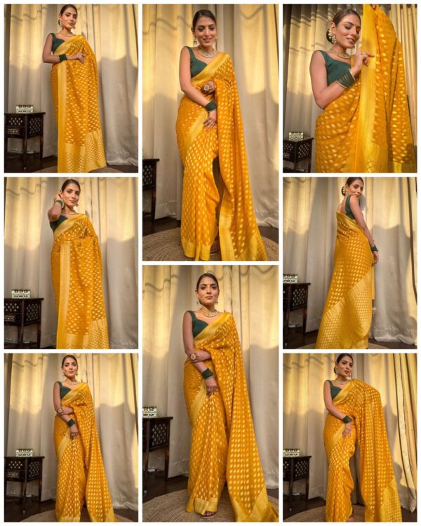 Elegant Mustard Yellow Banarasi Jacquard Lichi Silk Saree - Image 5