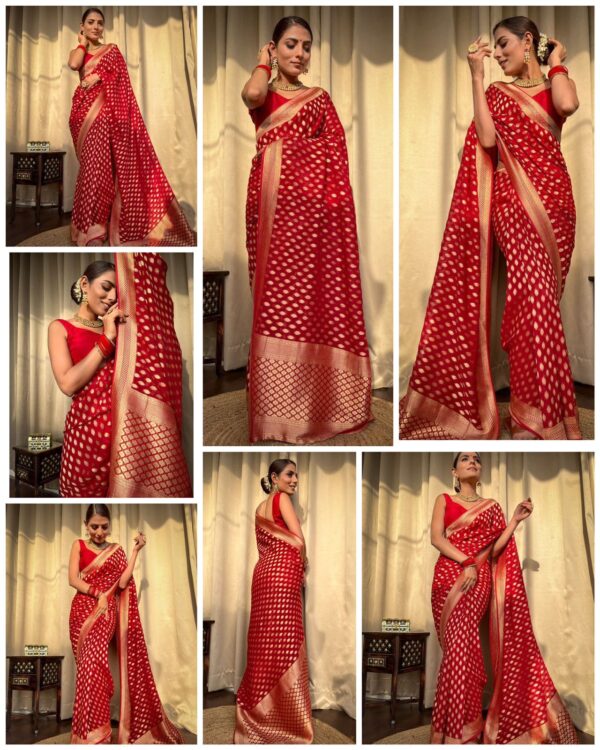 Red Banarasi Jacquard Lichi Silk Zari weaving Saree - Image 6