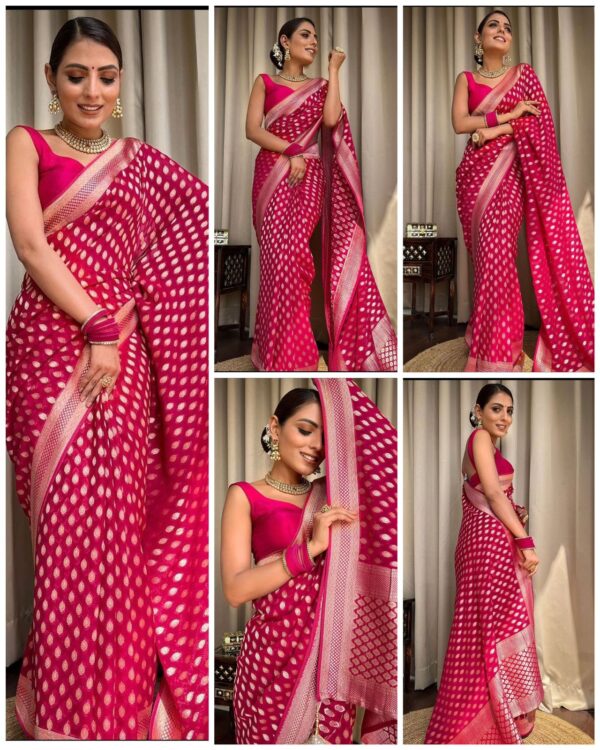 Rani Pink Banarasi Jacquard Lichi Silk Zari weaving Saree - Image 5