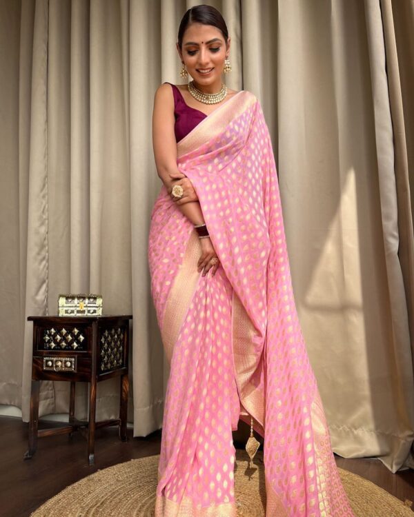 Elegant Baby Pink Banarasi Jacquard Lichi Silk Saree