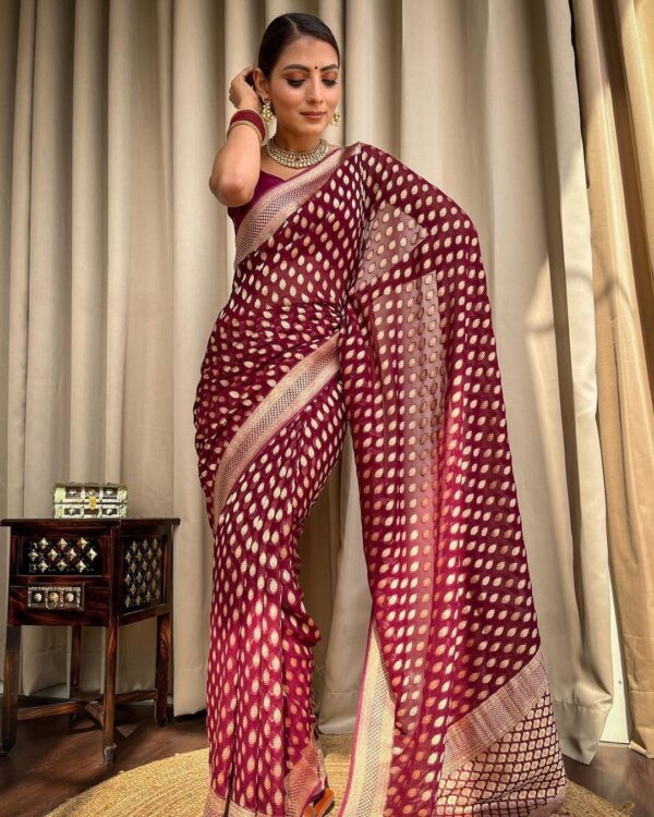 Maroon Banarasi Jacquard Lichi Silk Zari weaving Saree - Image 4