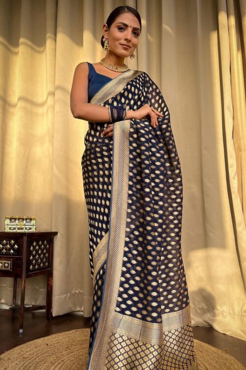 Elegant Navy Blue Banarasi Jacquard Lichi Silk Zari weaving Saree