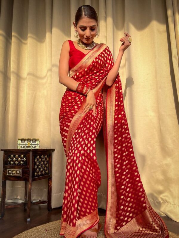 Red Banarasi Jacquard Lichi Silk Zari weaving Saree - Image 5