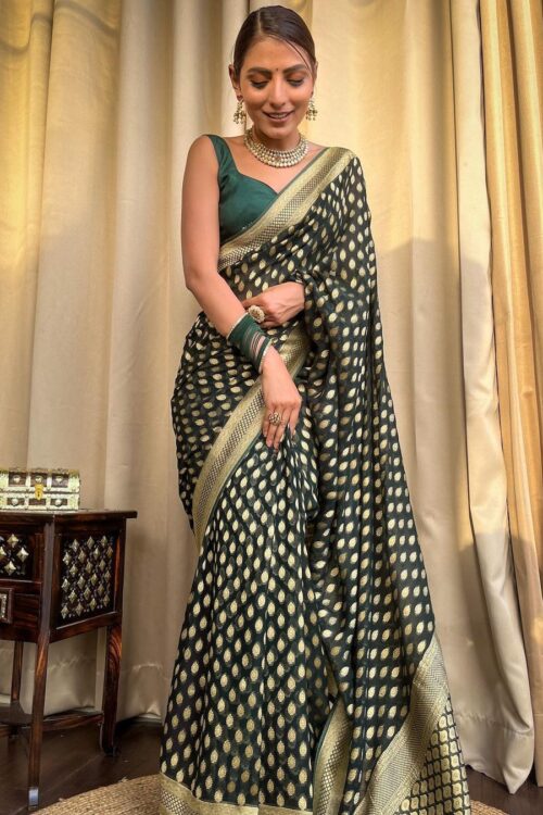 Green Banarasi Jacquard Lichi Silk Zari weaving Saree