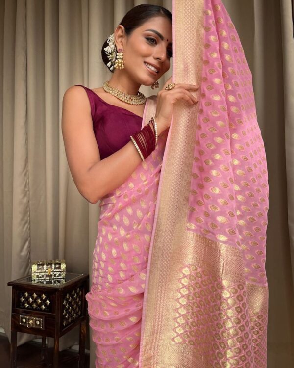 Elegant Baby Pink Banarasi Jacquard Lichi Silk Saree - Image 3