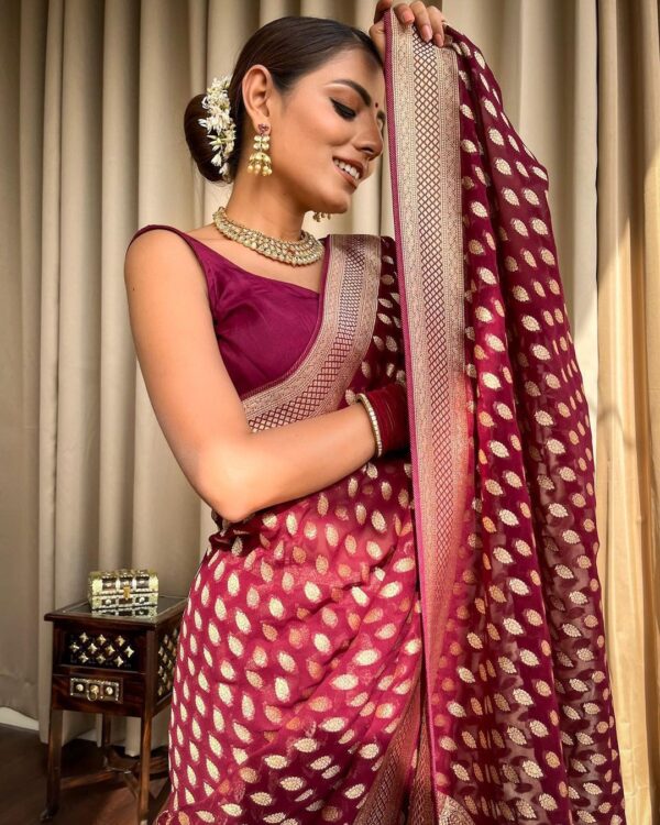 Maroon Banarasi Jacquard Lichi Silk Zari weaving Saree - Image 5