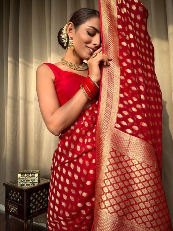 Red Banarasi Jacquard Lichi Silk Zari weaving Saree - Image 4