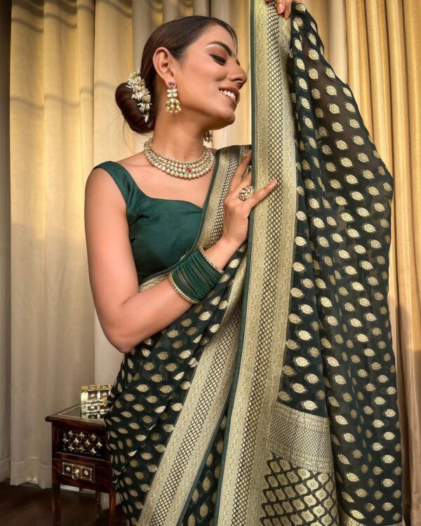 Green Banarasi Jacquard Lichi Silk Zari weaving Saree - Image 3