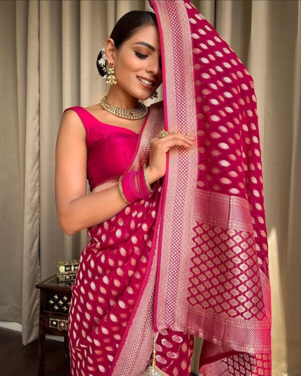 Rani Pink Banarasi Jacquard Lichi Silk Zari weaving Saree - Image 3