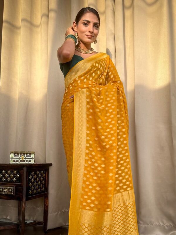 Elegant Mustard Yellow Banarasi Jacquard Lichi Silk Saree - Image 3