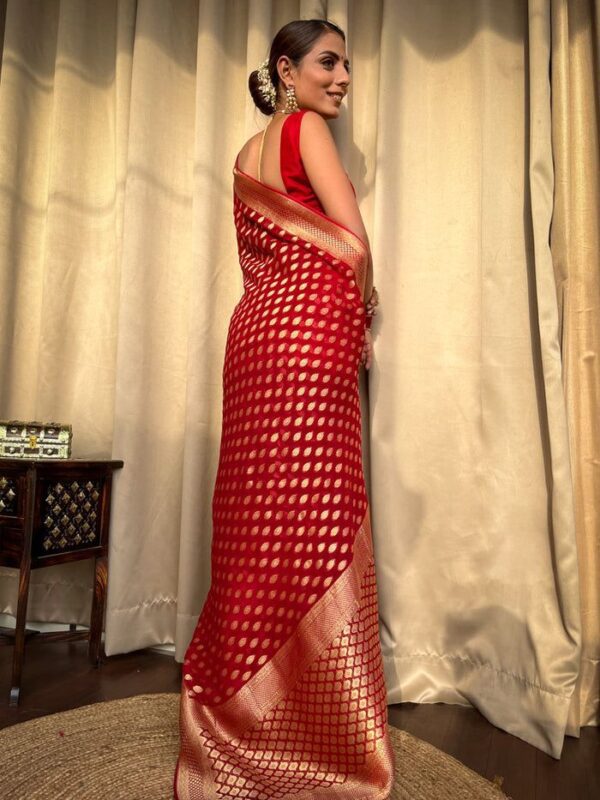 Red Banarasi Jacquard Lichi Silk Zari weaving Saree - Image 3