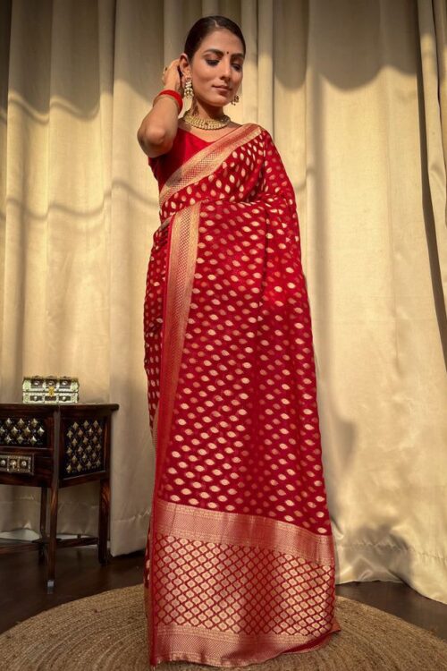 Red Banarasi Jacquard Lichi Silk Zari weaving Saree
