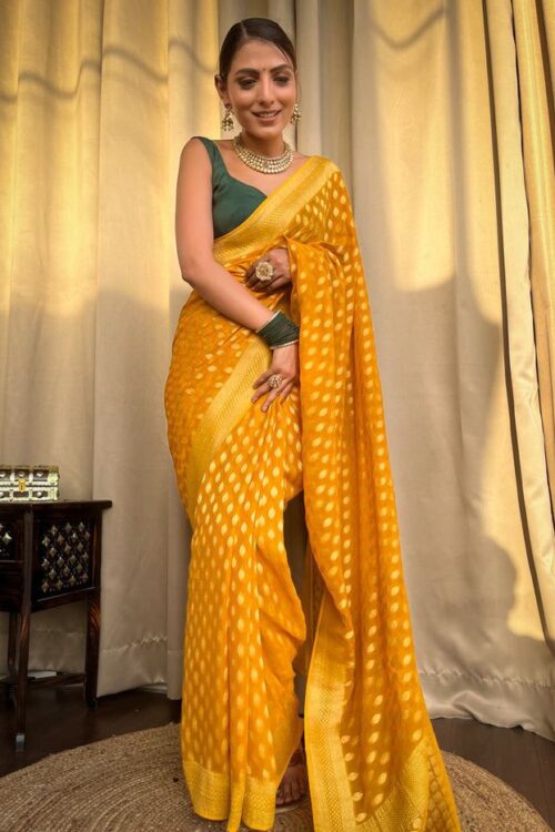 Elegant Mustard Yellow Banarasi Jacquard Lichi Silk Saree