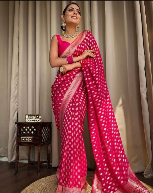 Rani Pink Banarasi Jacquard Lichi Silk Zari weaving Saree - Image 4
