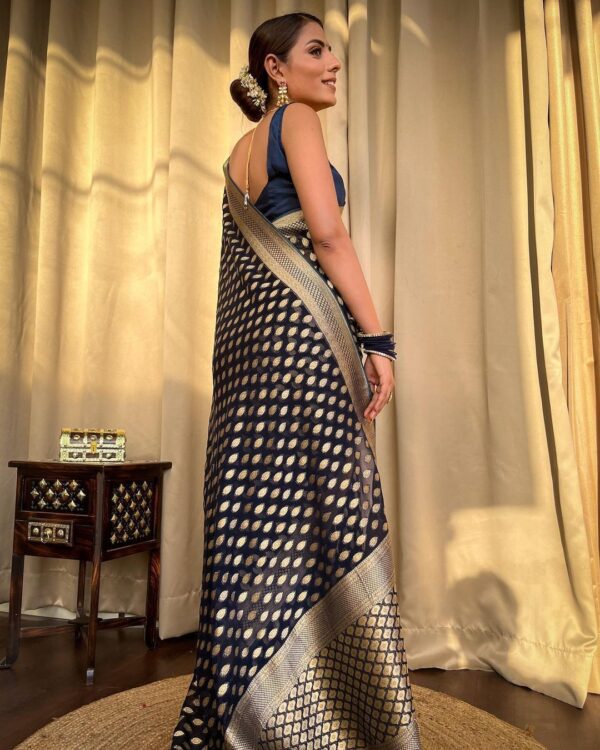Elegant Navy Blue Banarasi Jacquard Lichi Silk Zari weaving Saree - Image 4