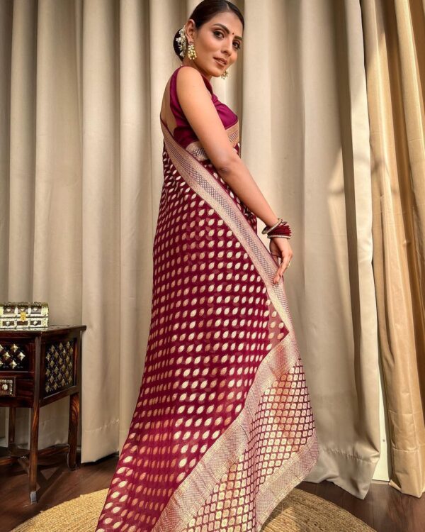 Maroon Banarasi Jacquard Lichi Silk Zari weaving Saree - Image 3