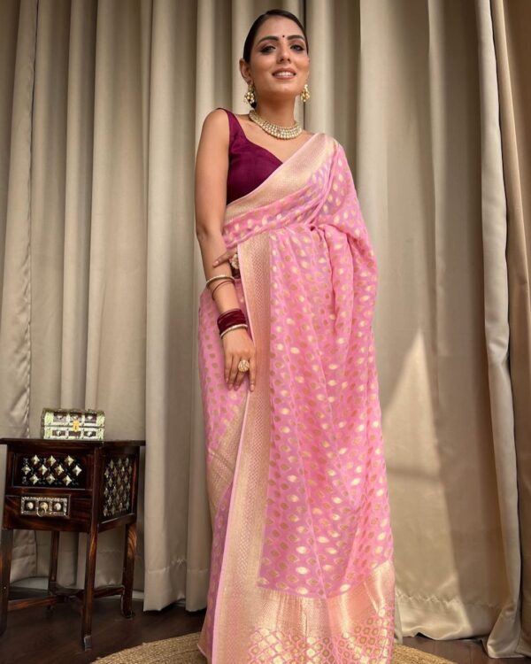 Elegant Baby Pink Banarasi Jacquard Lichi Silk Saree - Image 5