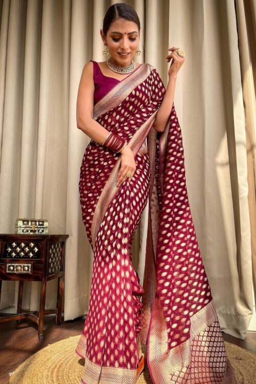 Maroon Banarasi Jacquard Lichi Silk Zari weaving Saree