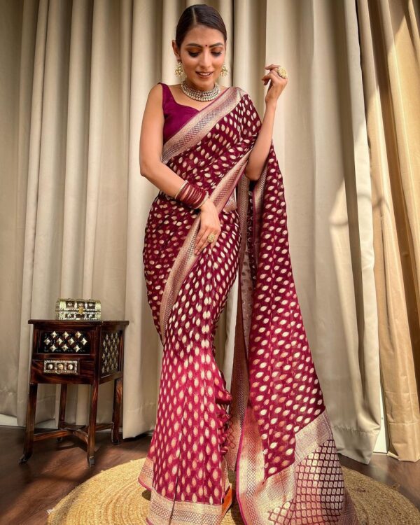 Maroon Banarasi Jacquard Lichi Silk Zari weaving Saree