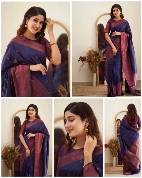Deep Navy Jacquard Lichi Silk Saree with Subtle Silver-Gold Zari Accents - Image 6