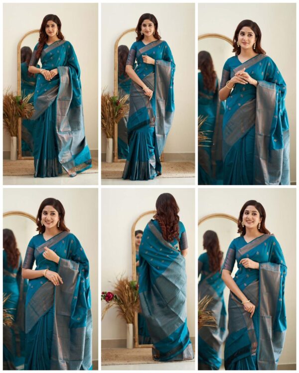 Teal Blue Jacquard Lichi Silk Saree with Subtle Silver Zari Accents - Image 5