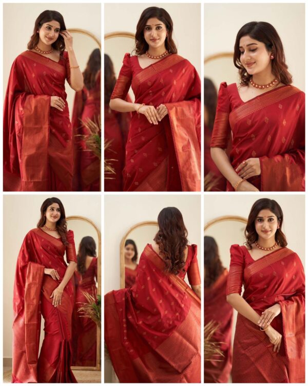 Red Jacquard Lichi Silk Saree with Subtle Silver-Gold Zari Accents - Image 5