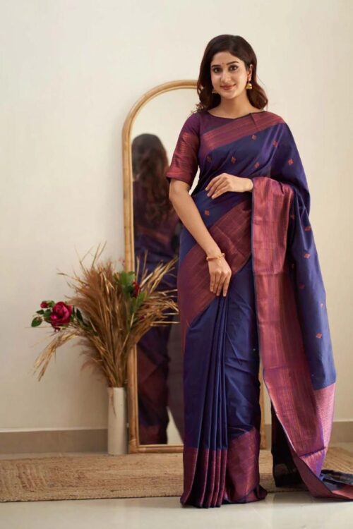 Deep Navy Jacquard Lichi Silk Saree with Subtle Silver-Gold Zari Accents