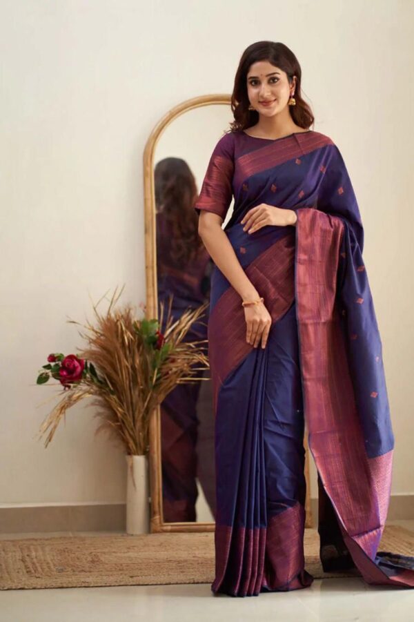 Deep Navy Jacquard Lichi Silk Saree with Subtle Silver-Gold Zari Accents