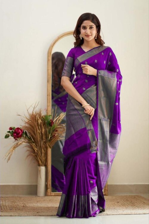 Violet Jacquard Lichi Silk Saree with Subtle Silver Zari Accents