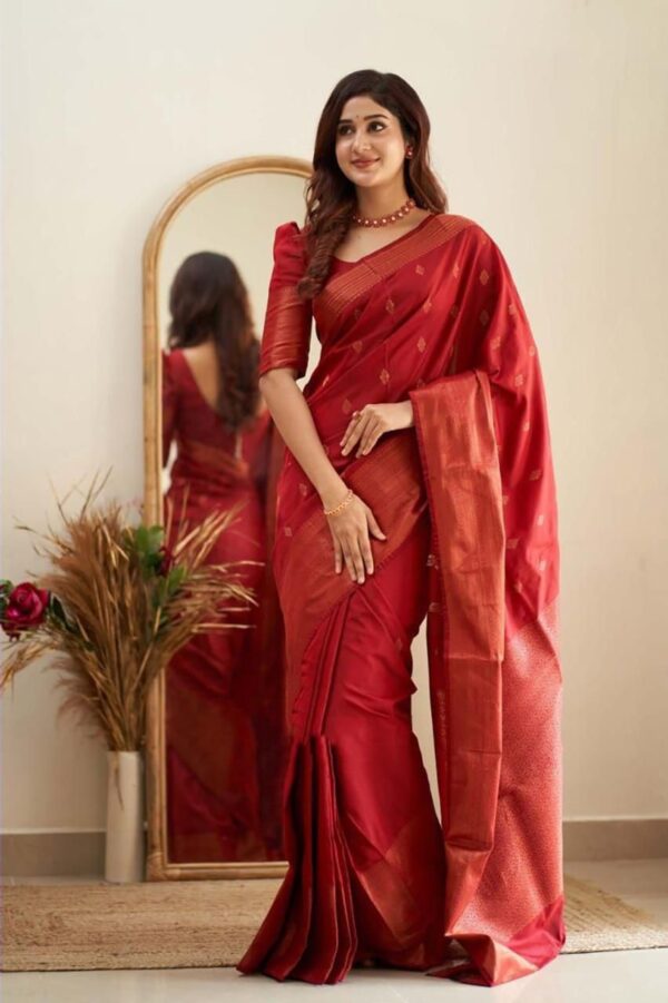 Red Jacquard Lichi Silk Saree with Subtle Silver-Gold Zari Accents - Image 3